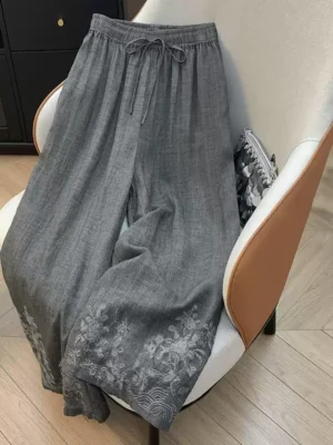 刺繡雙層苧麻闊腿褲