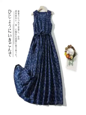 碎花苧麻連身裙